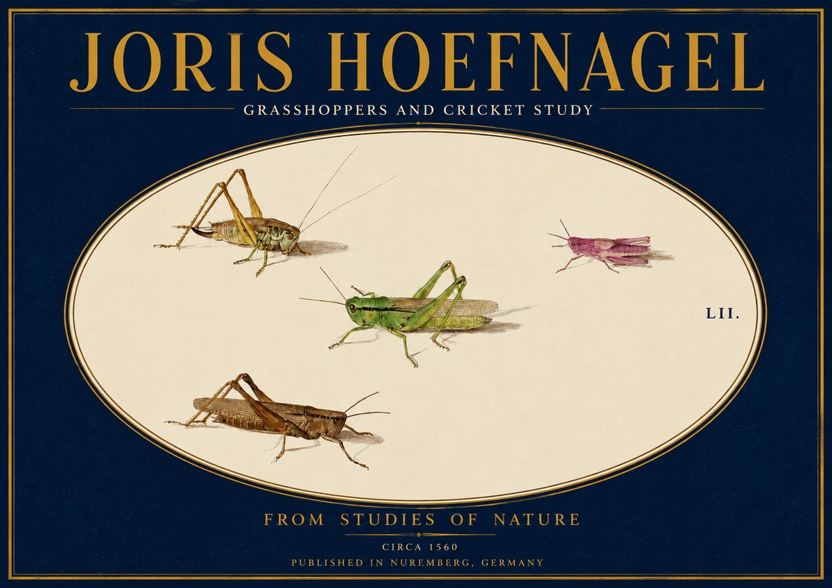 Joris Hoefnagel Three Grasshoppers and a Locust No4 - Póster