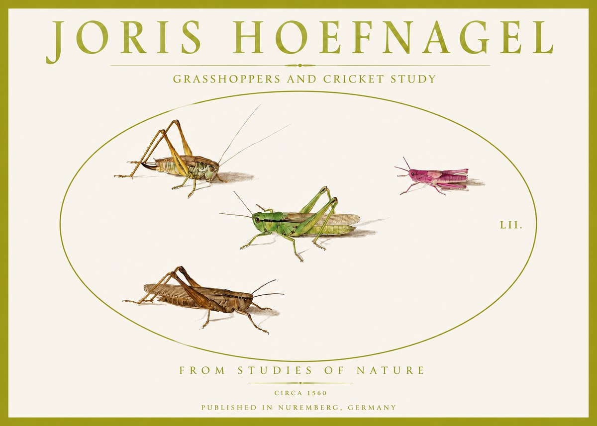 Joris Hoefnagel Three Grasshoppers and a Locust No5 - Póster