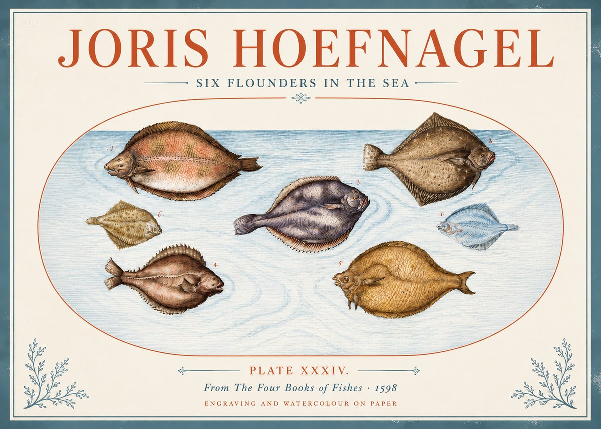 Joris Hoefnagel Six Flounders in the Sea No4 - Póster