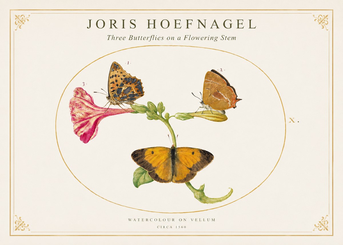 Joris Hoefnagel Three Butterflies on a Flowering Stem No1 - Póster