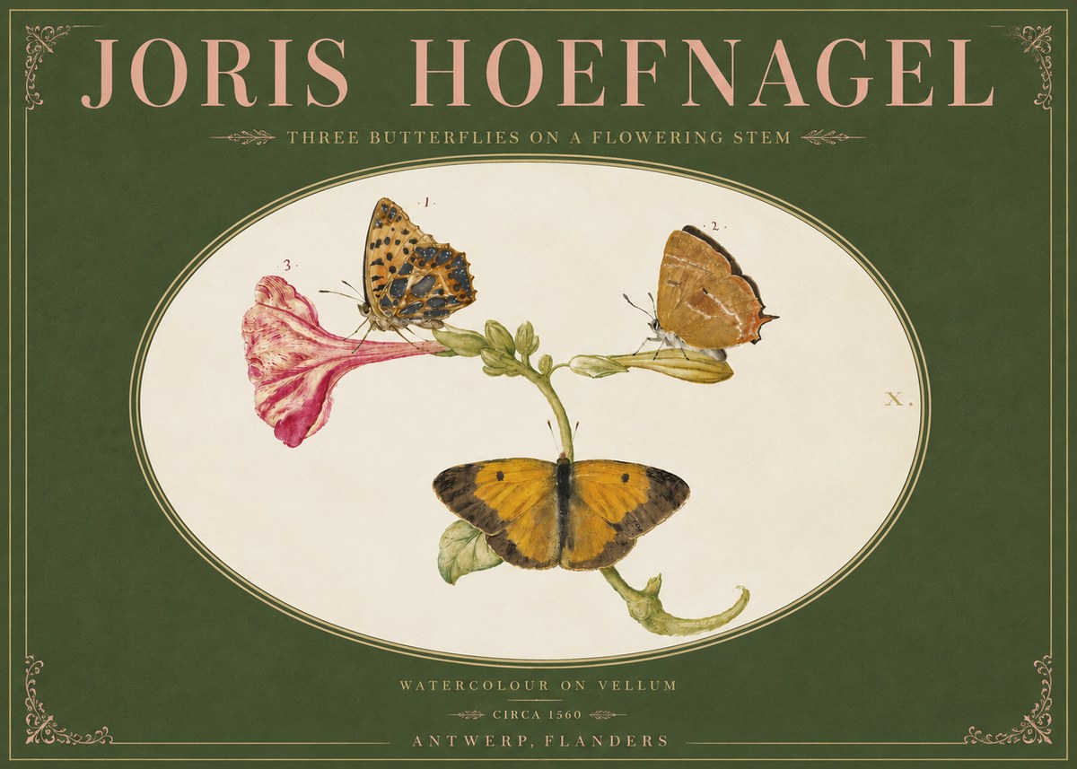 Joris Hoefnagel Three Butterflies on a Flowering Stem No4 - Póster