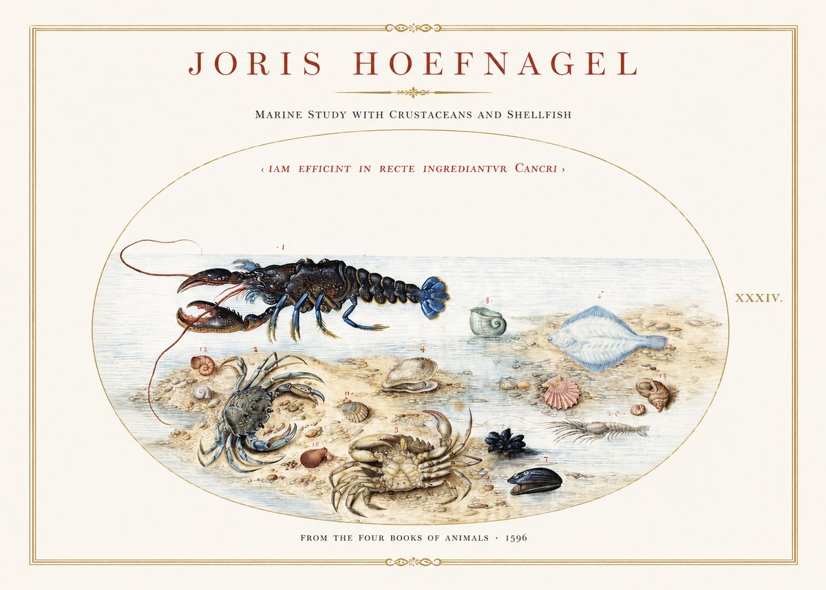 Joris Hoefnagel Marine Study with Crustaceans and Shellfish No1 - Póster