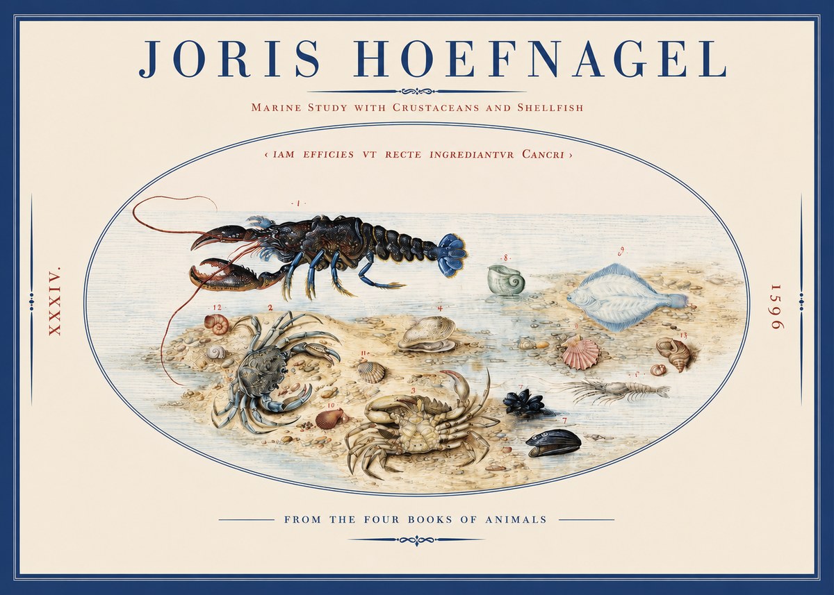 Joris Hoefnagel Marine Study with Crustaceans and Shellfish No2 - Póster