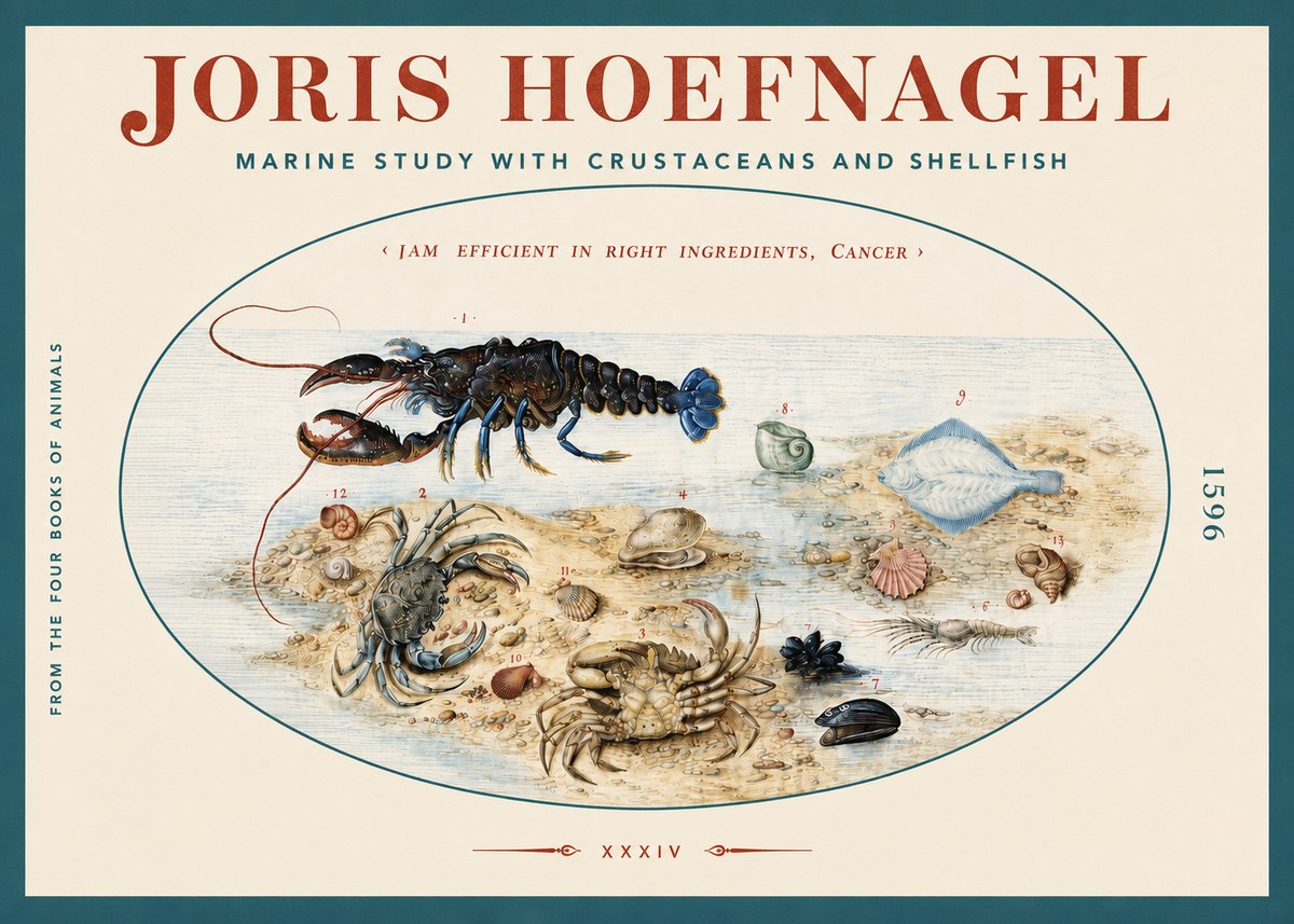 Joris Hoefnagel Marine Study with Crustaceans and Shellfish No3 - Póster