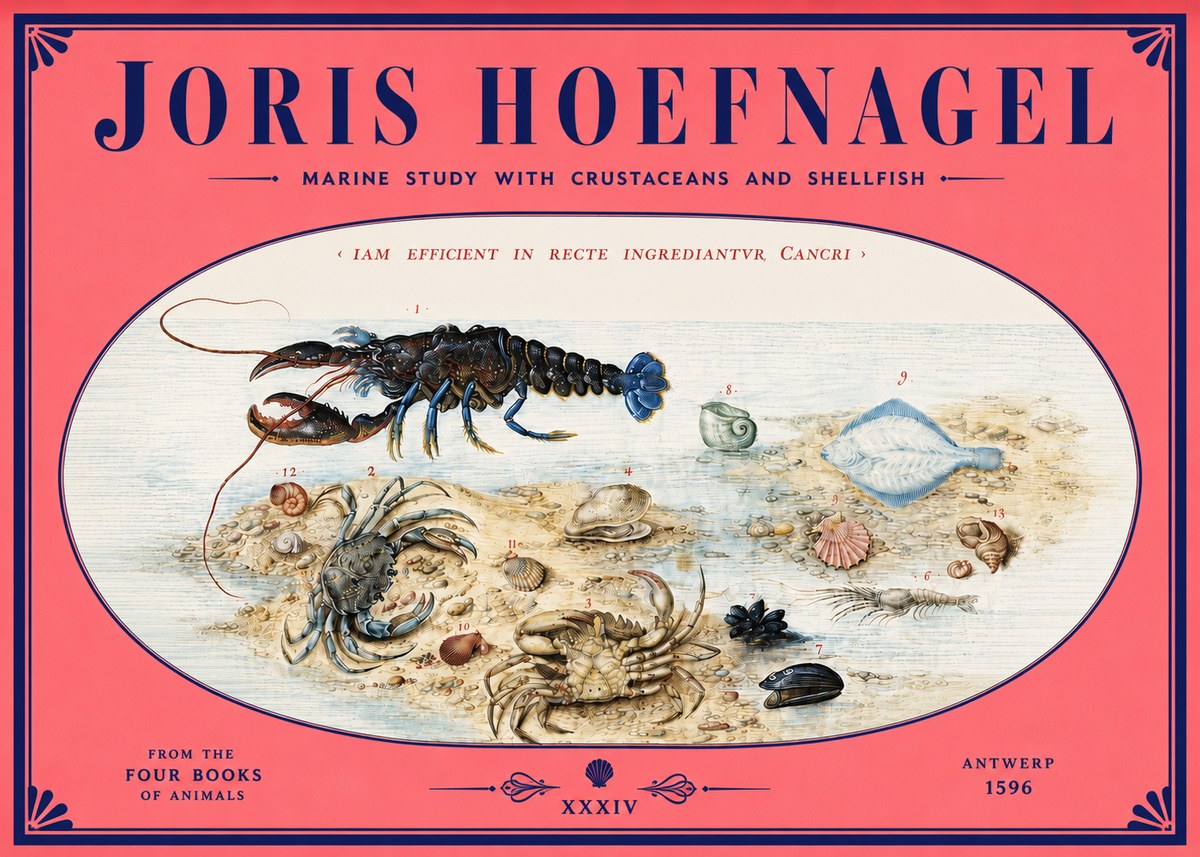 Joris Hoefnagel Marine Study with Crustaceans and Shellfish No4 - Póster