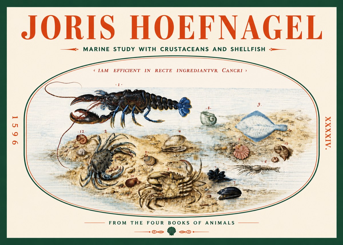 Joris Hoefnagel Marine Study with Crustaceans and Shellfish No5 - Póster