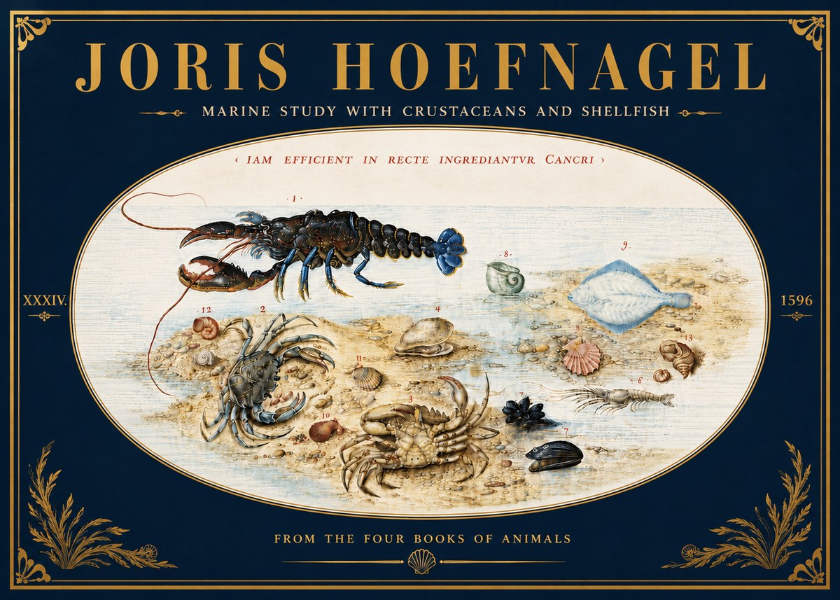 Joris Hoefnagel Marine Study with Crustaceans and Shellfish No6 - Póster