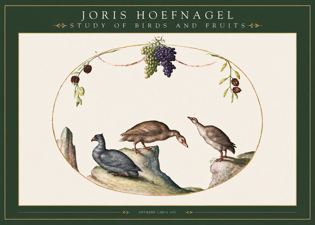 Joris Hoefnagel Three Birds with Grapes and Inscription No3 - Póster