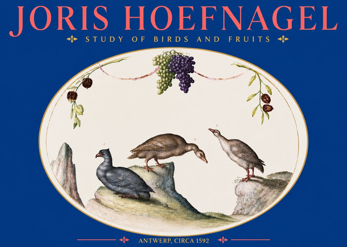 Joris Hoefnagel Three Birds with Grapes and Inscription No5 - Póster