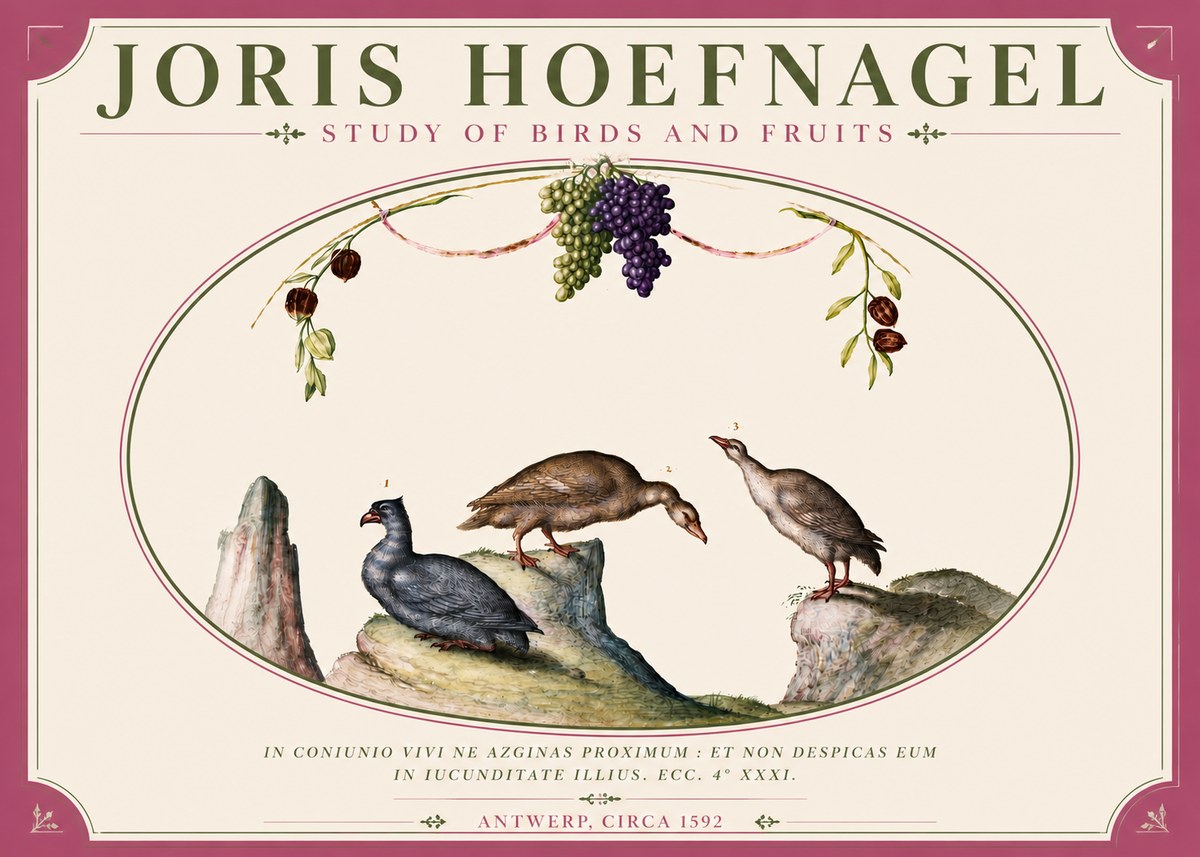 Joris Hoefnagel Three Birds with Grapes and Inscription No6 - Póster