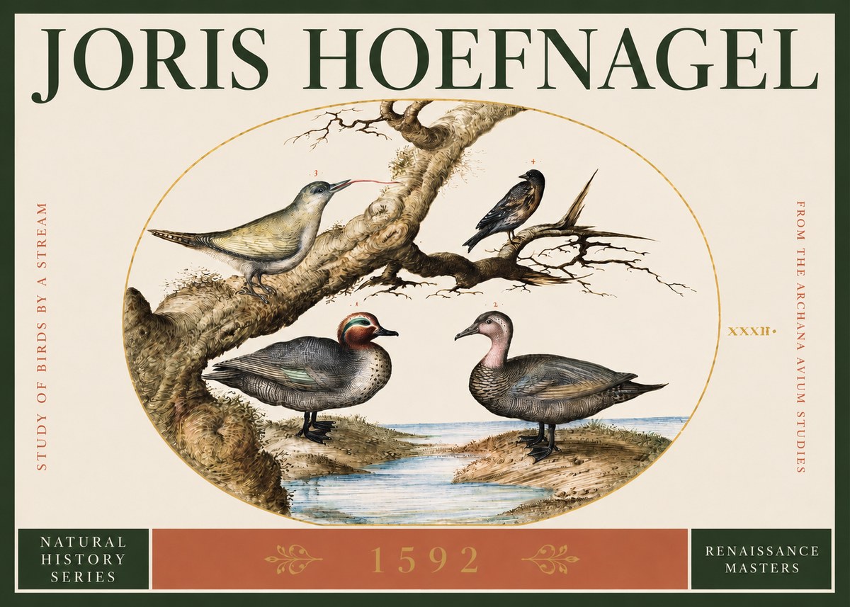 Joris Hoefnagel Study of Birds by a Stream No2 - Póster