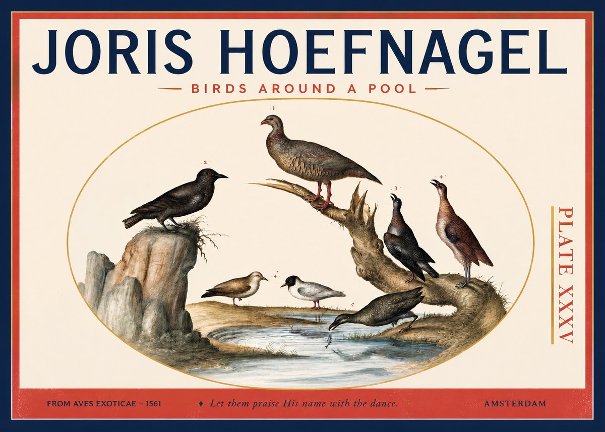Joris Hoefnagel Birds Around a Pool No2 - Póster