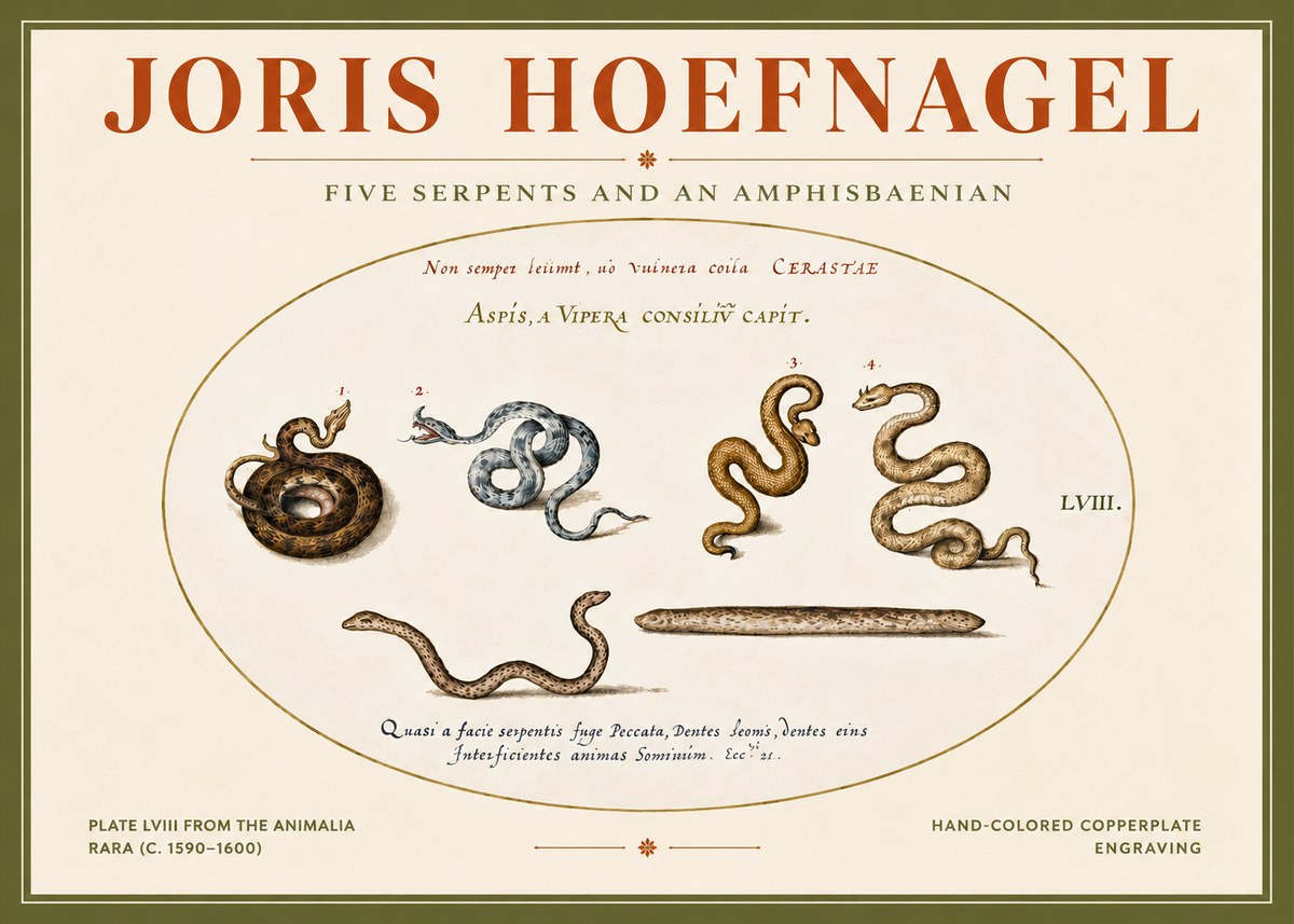 Joris Hoefnagel Five Serpents and an Amphisbaenian No4 - Póster
