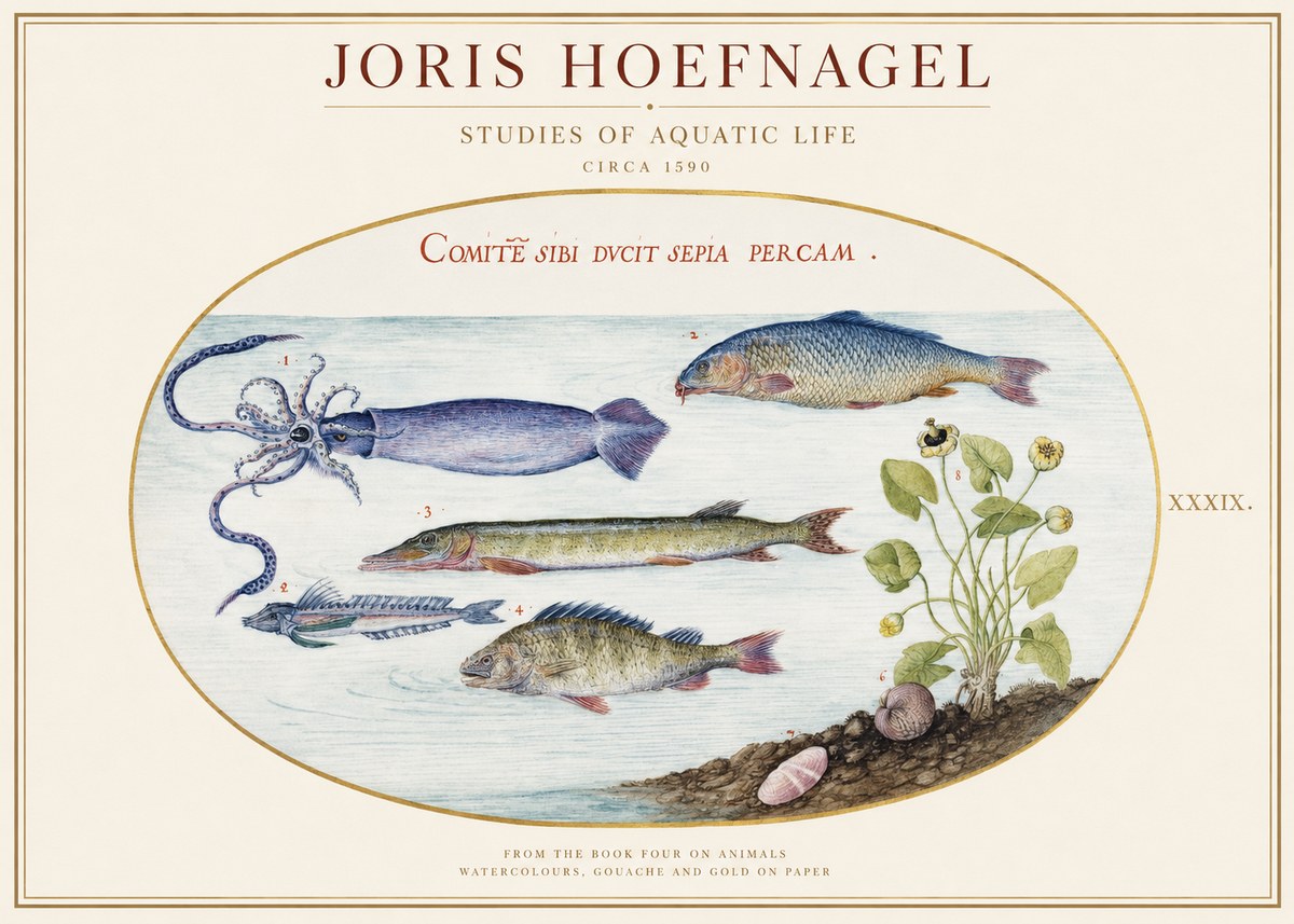 Joris Hoefnagel Comitẽ Sibi Ducit Sepia Percam. No1 - Póster