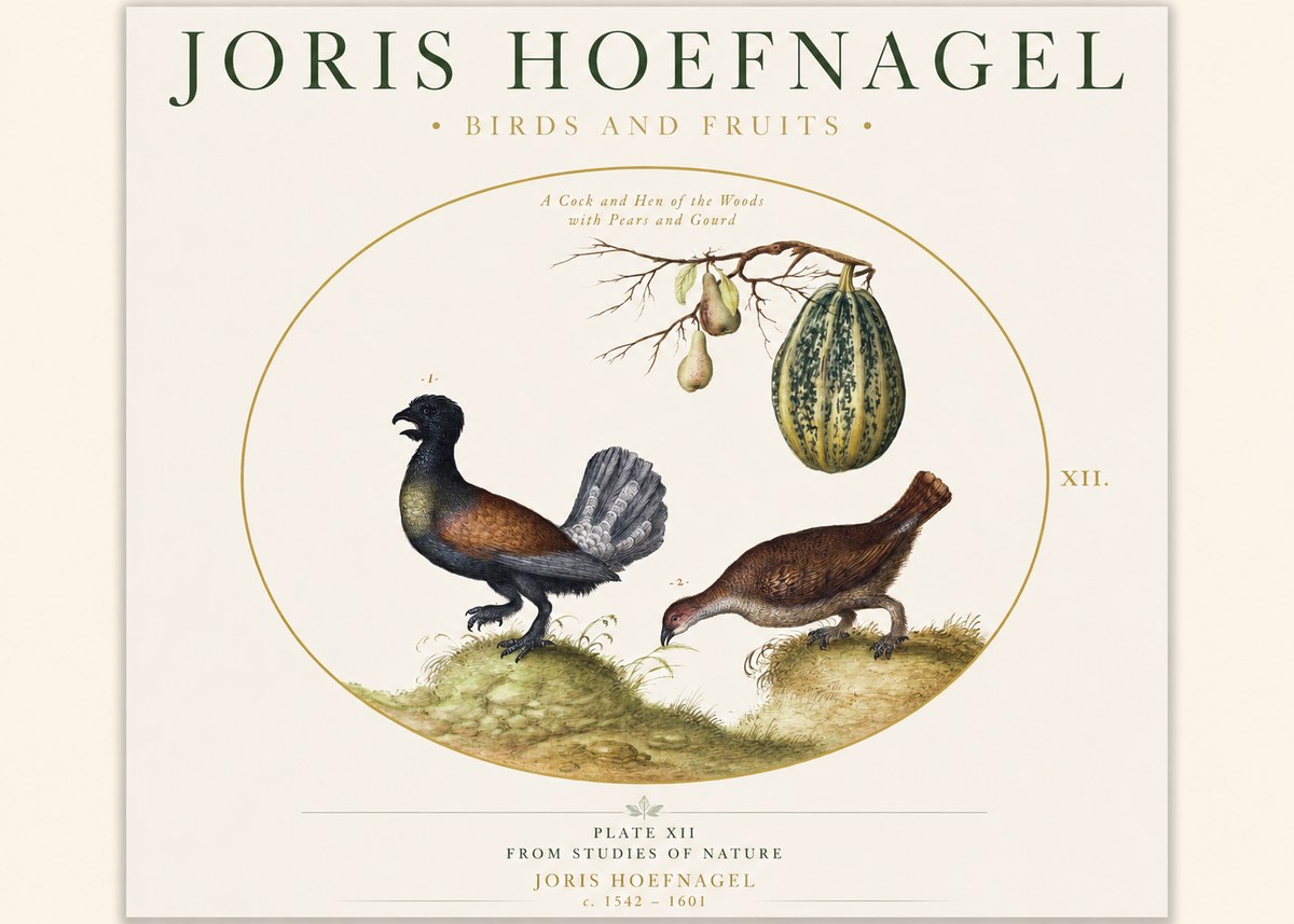 Joris Hoefnagel A Cock and Hen of the Woods with Pears and Gourd No1 - Póster