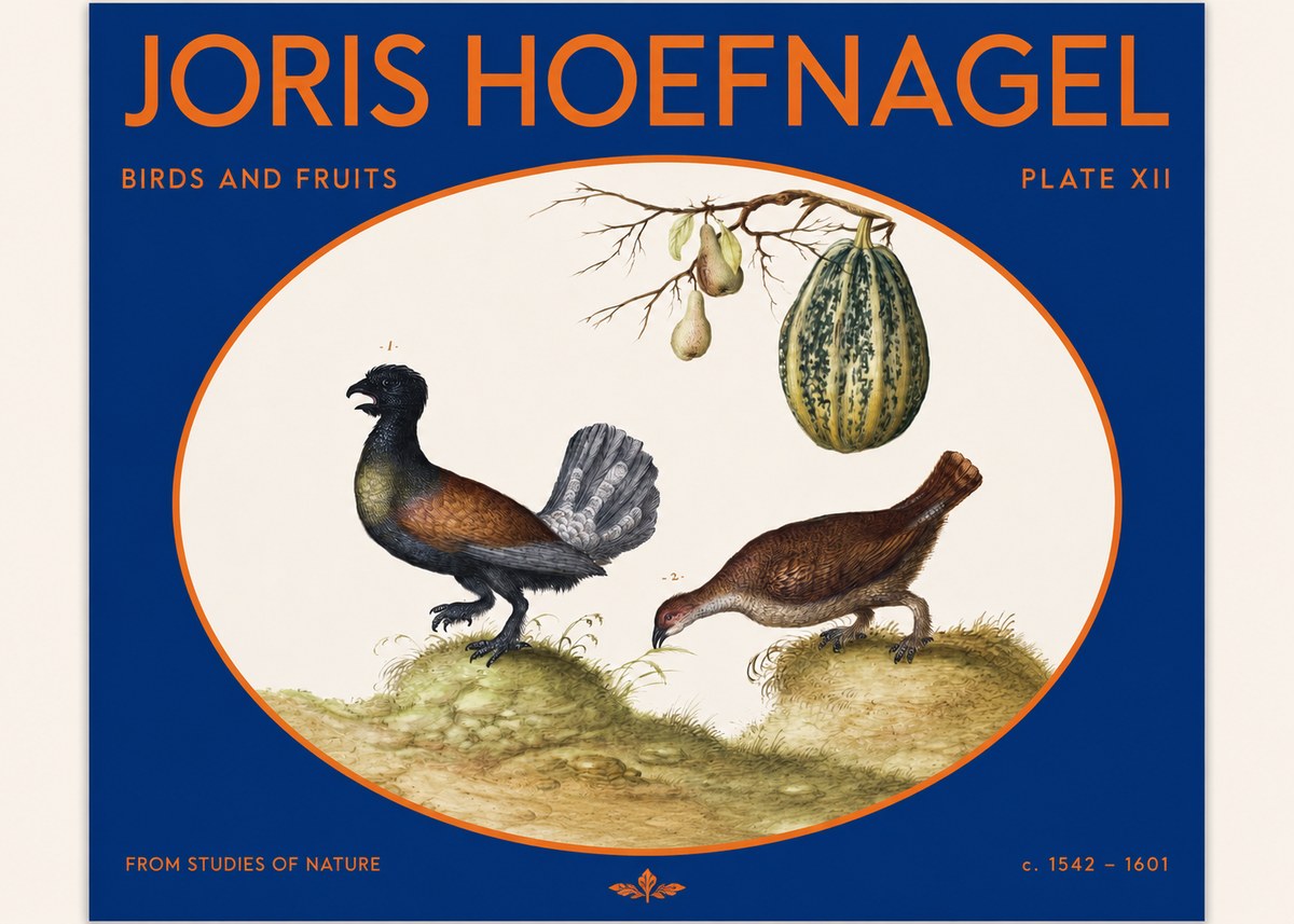 Joris Hoefnagel A Cock and Hen of the Woods with Pears and Gourd No2 - Póster