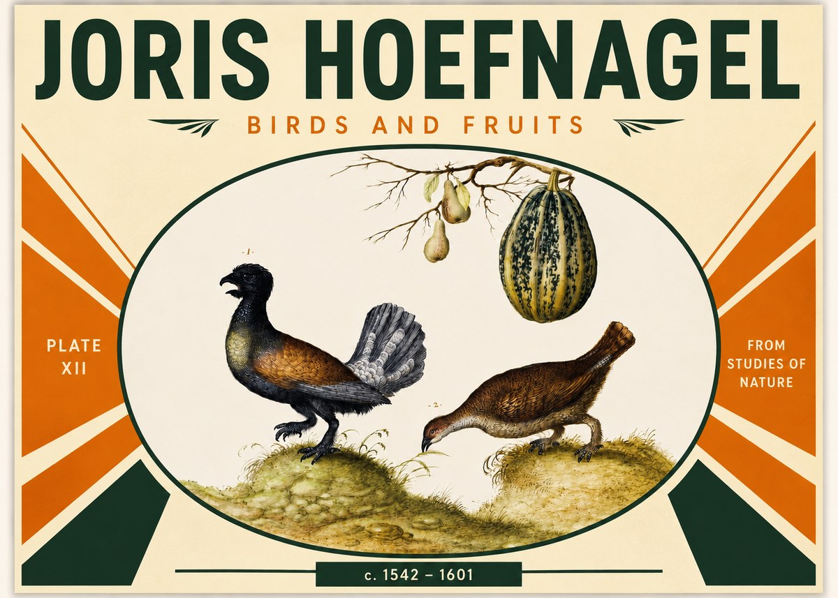 Joris Hoefnagel A Cock and Hen of the Woods with Pears and Gourd No3 - Póster