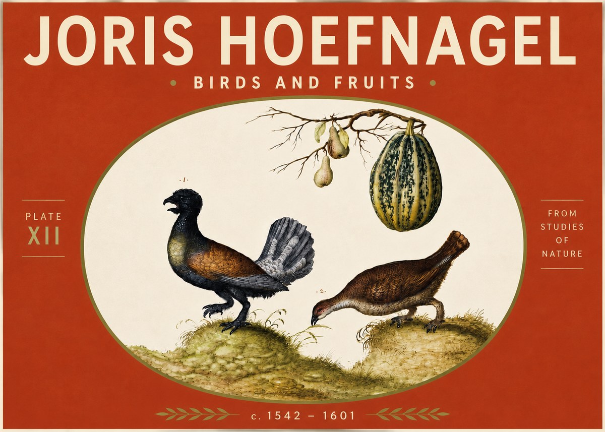 Joris Hoefnagel A Cock and Hen of the Woods with Pears and Gourd No5 - Póster
