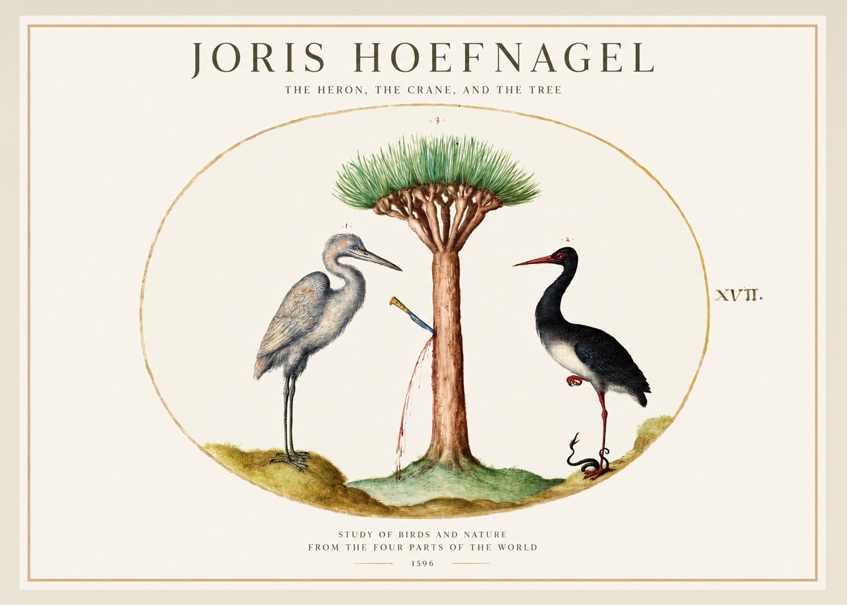 Joris Hoefnagel The Heron, the Crane, and the Tree No1 - Póster