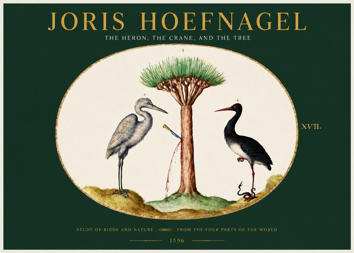 Joris Hoefnagel The Heron, the Crane, and the Tree No2 - Póster