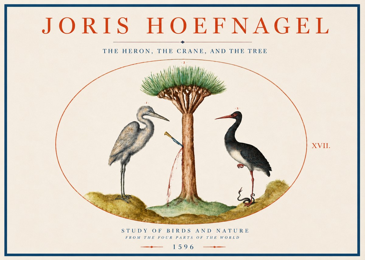 Joris Hoefnagel The Heron, the Crane, and the Tree No3 - Póster