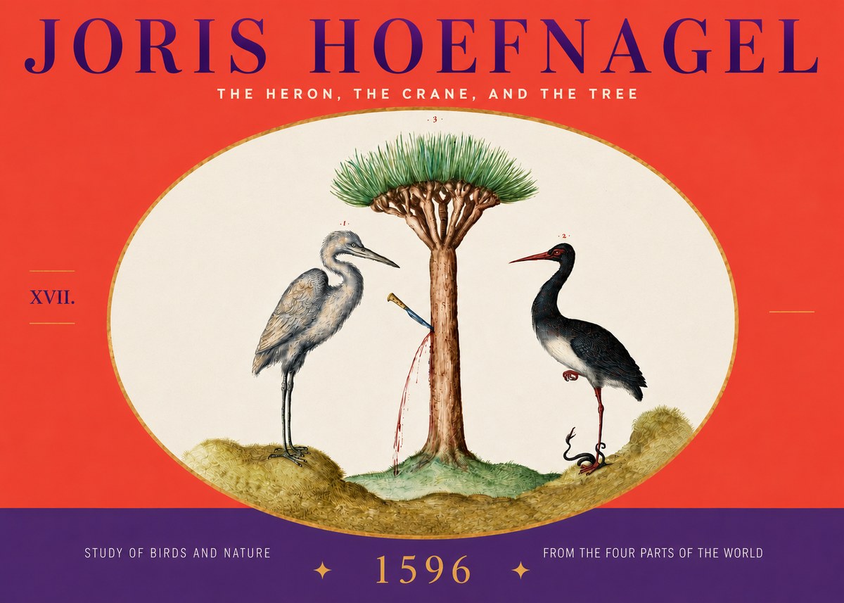 Joris Hoefnagel The Heron, the Crane, and the Tree No4 - Póster