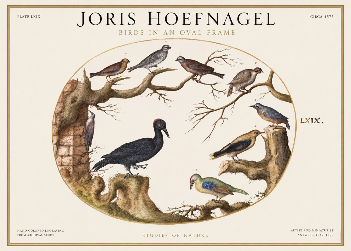 Joris Hoefnagel Birds in an Oval Frame No1 - Póster
