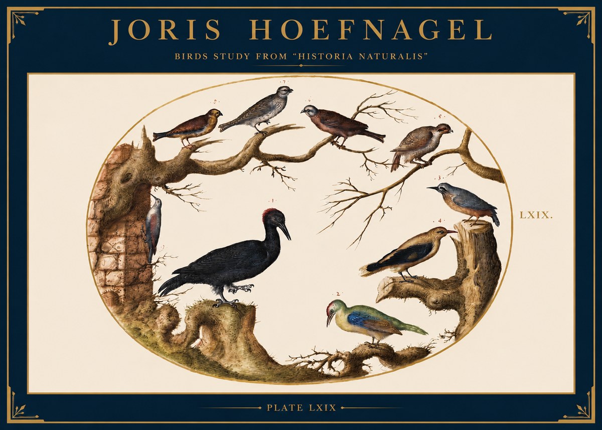 Joris Hoefnagel Birds in an Oval Frame No3 - Póster