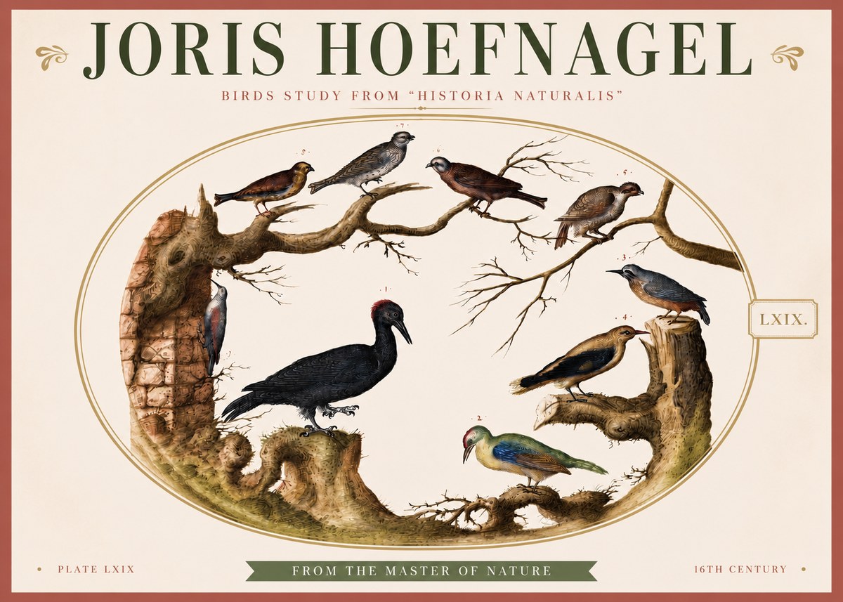Joris Hoefnagel Birds in an Oval Frame No4 - Póster