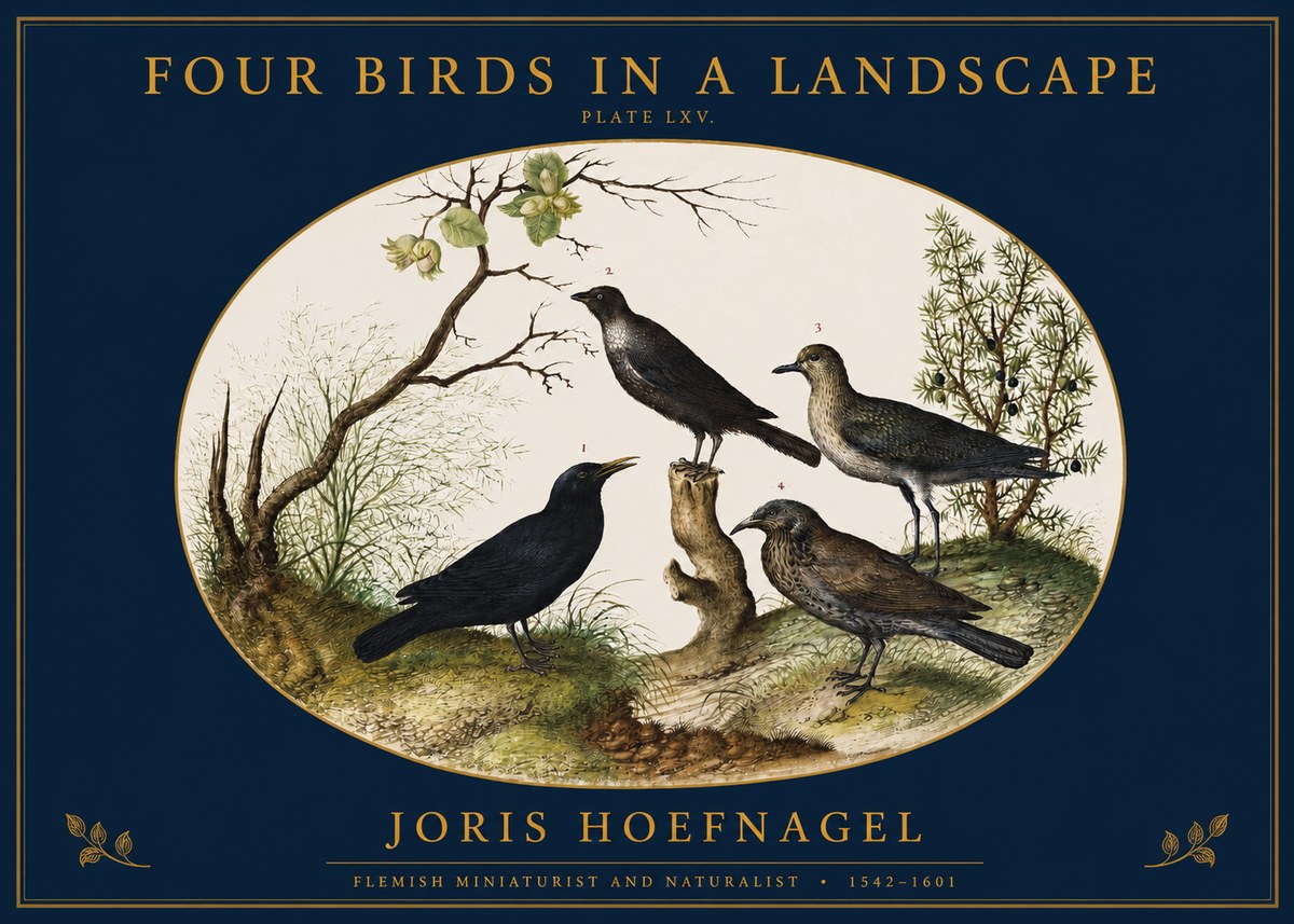 Joris Hoefnagel Four Birds in a Landscape No2 - Póster