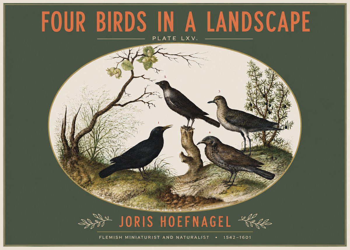 Joris Hoefnagel Four Birds in a Landscape No3 - Póster