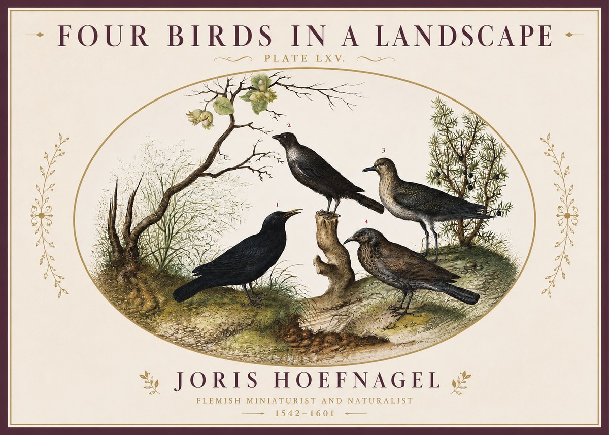 Joris Hoefnagel Four Birds in a Landscape No4 - Póster