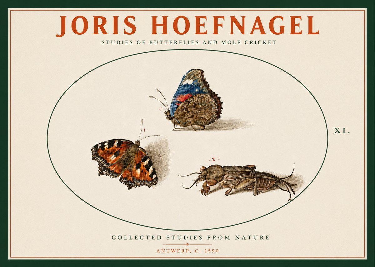 Joris Hoefnagel Studies of Butterflies and Mole Cricket No2 - Póster