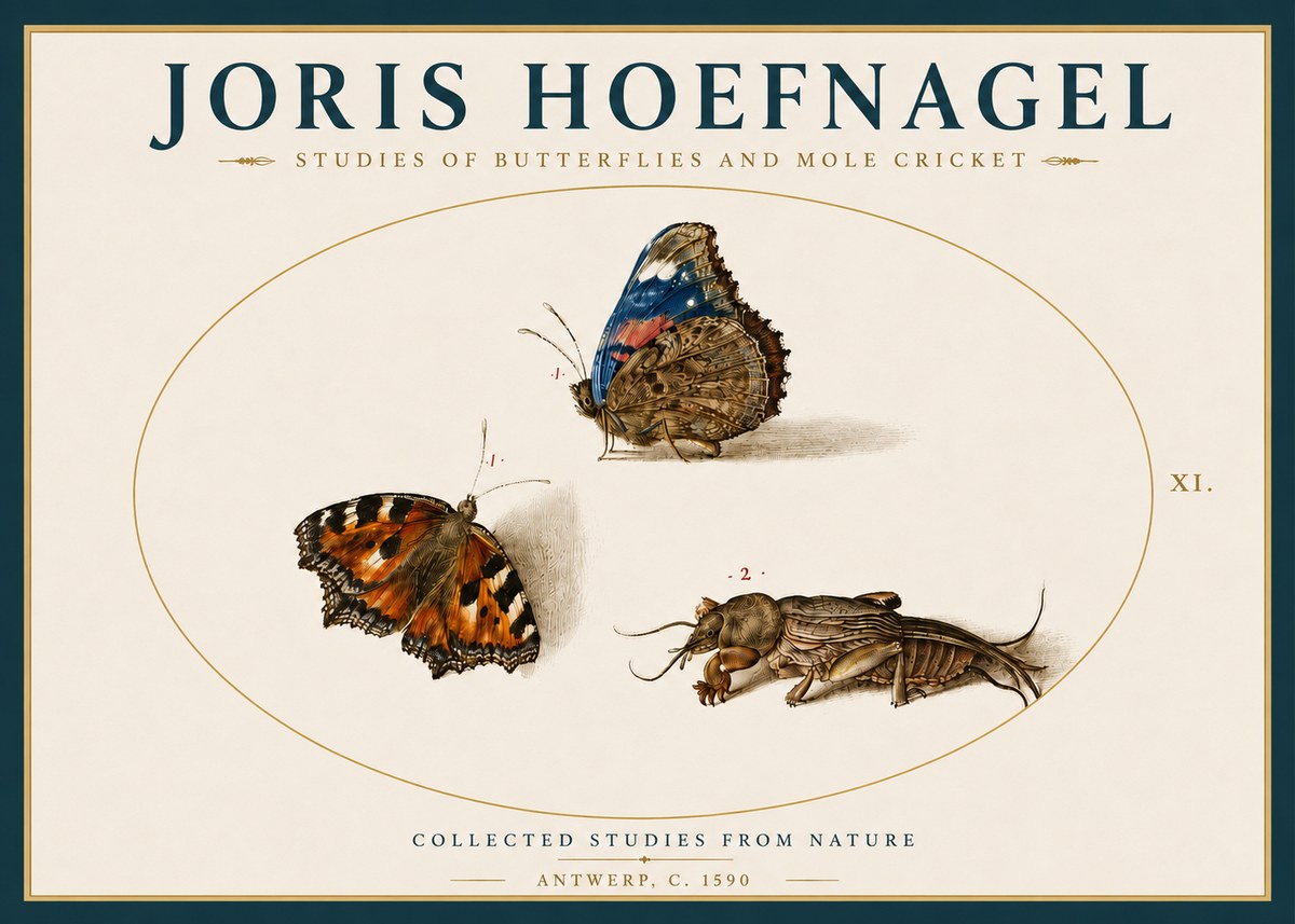 Joris Hoefnagel Studies of Butterflies and Mole Cricket No4 - Póster