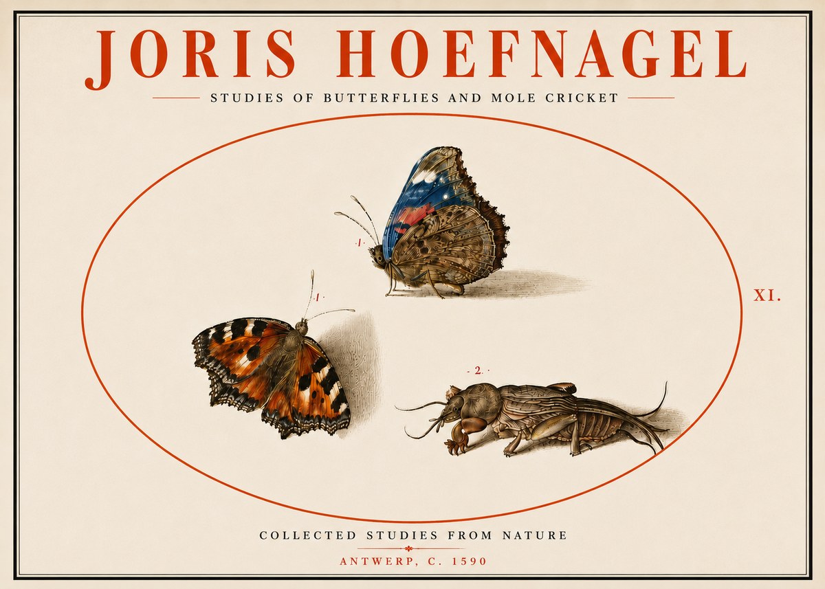 Joris Hoefnagel Studies of Butterflies and Mole Cricket No5 - Póster