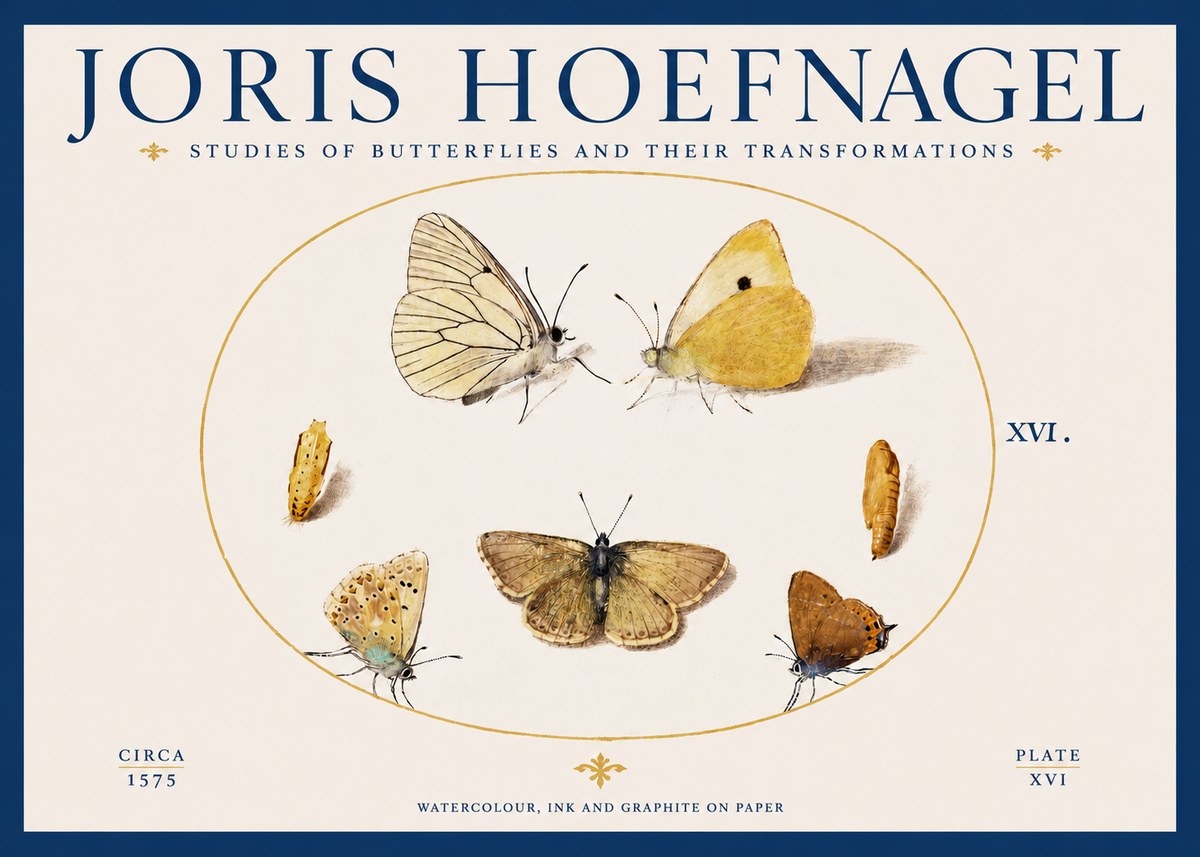 Joris Hoefnagel Studies of Butterflies and Their Transformations No2 - Póster