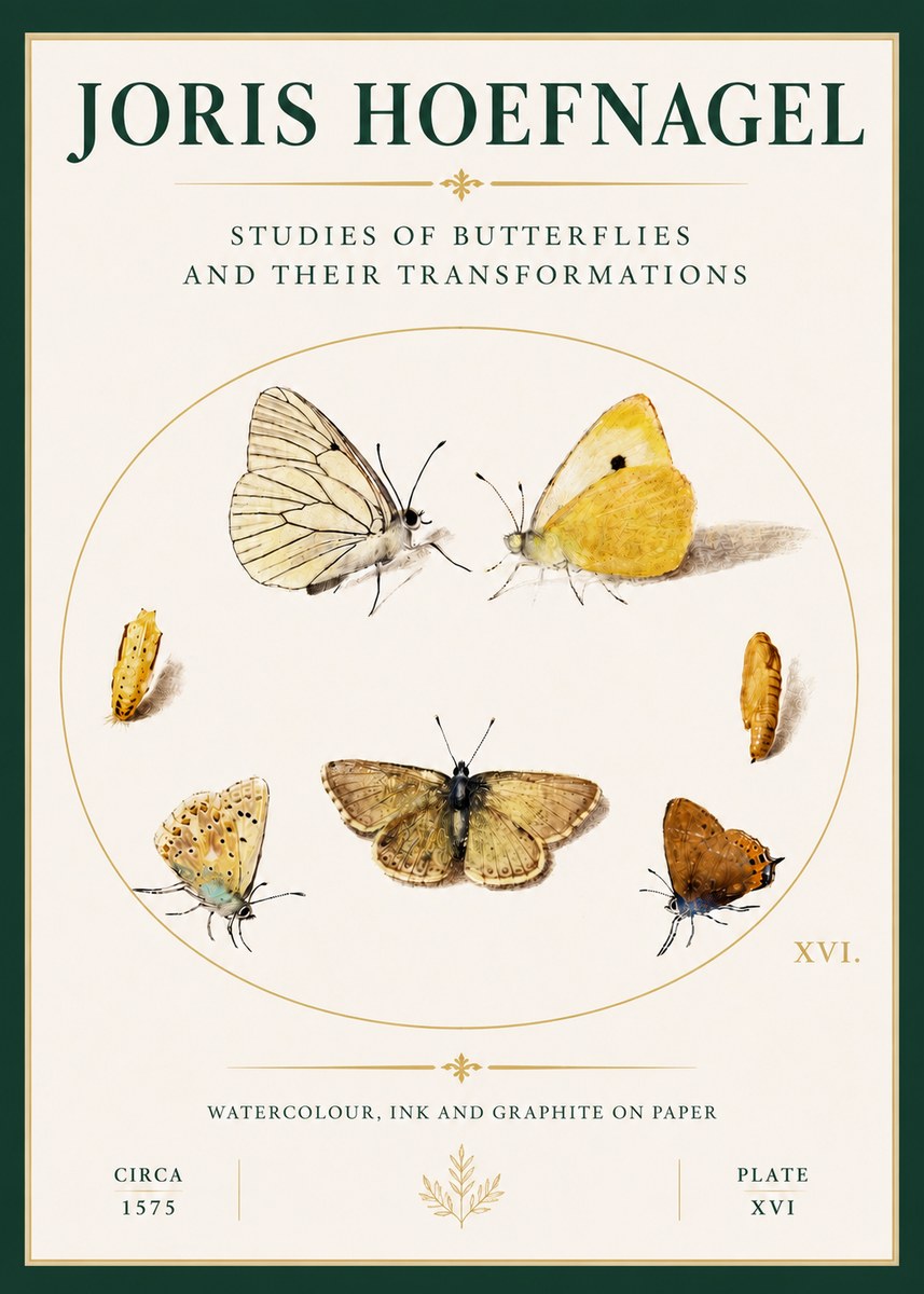 Joris Hoefnagel Studies of Butterflies and Their Transformations No4 - Póster