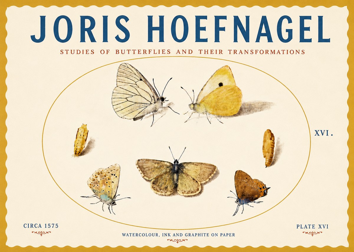 Joris Hoefnagel Studies of Butterflies and Their Transformations No5 - Póster