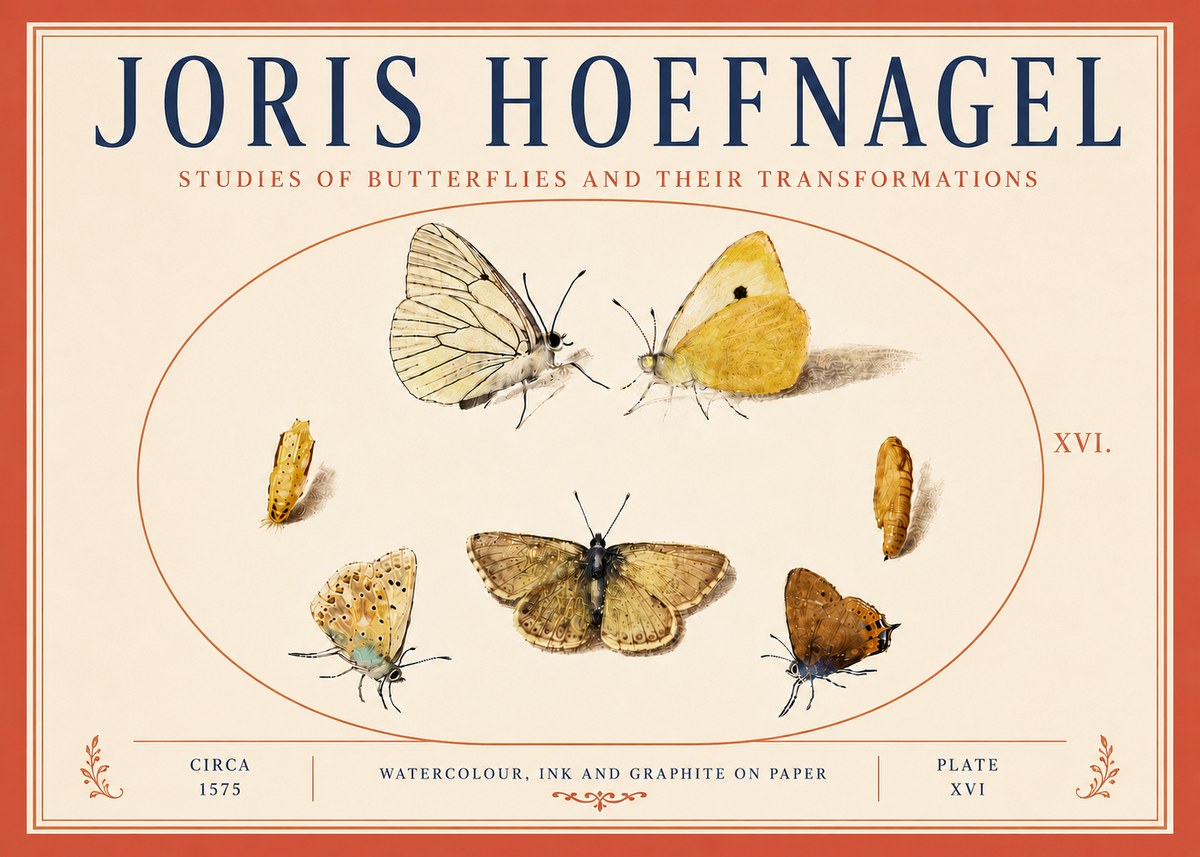 Joris Hoefnagel Studies of Butterflies and Their Transformations No6 - Póster