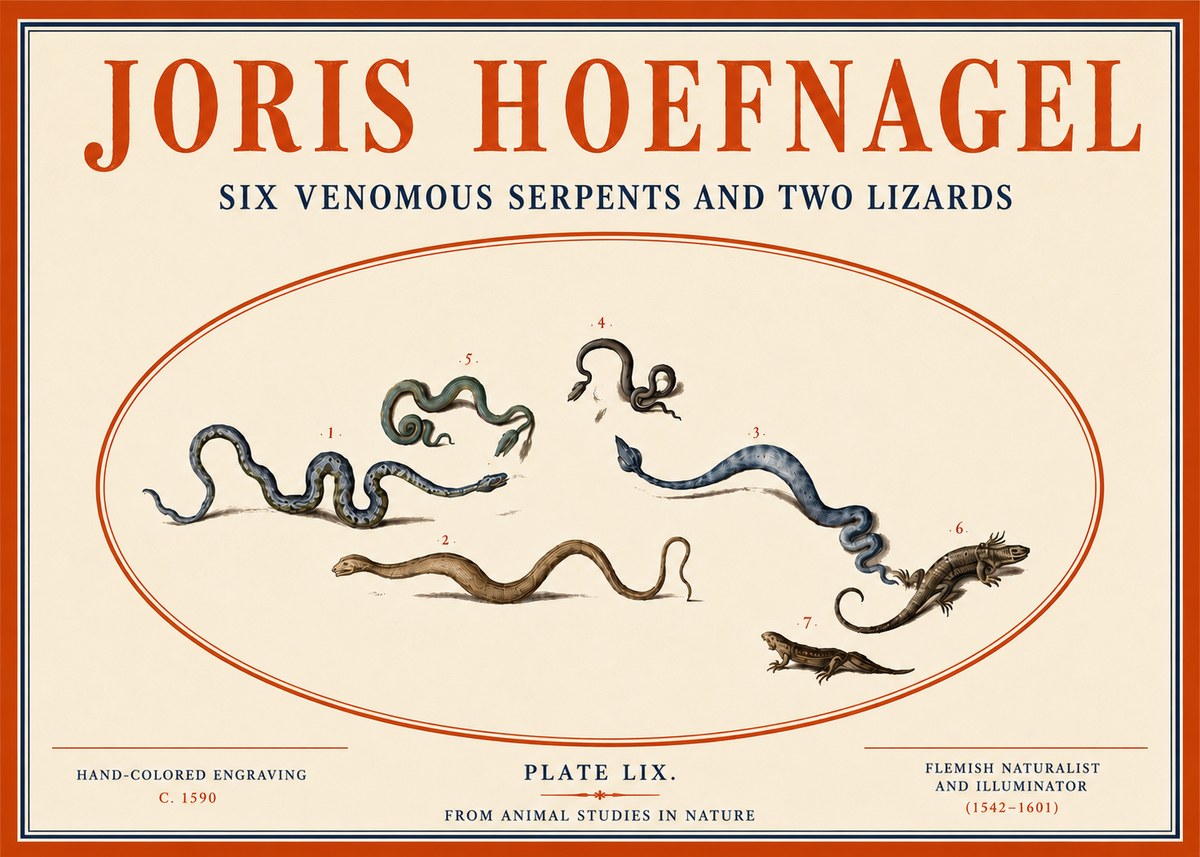 Joris Hoefnagel Six Venomous Serpents and Two Lizards No4 - Póster