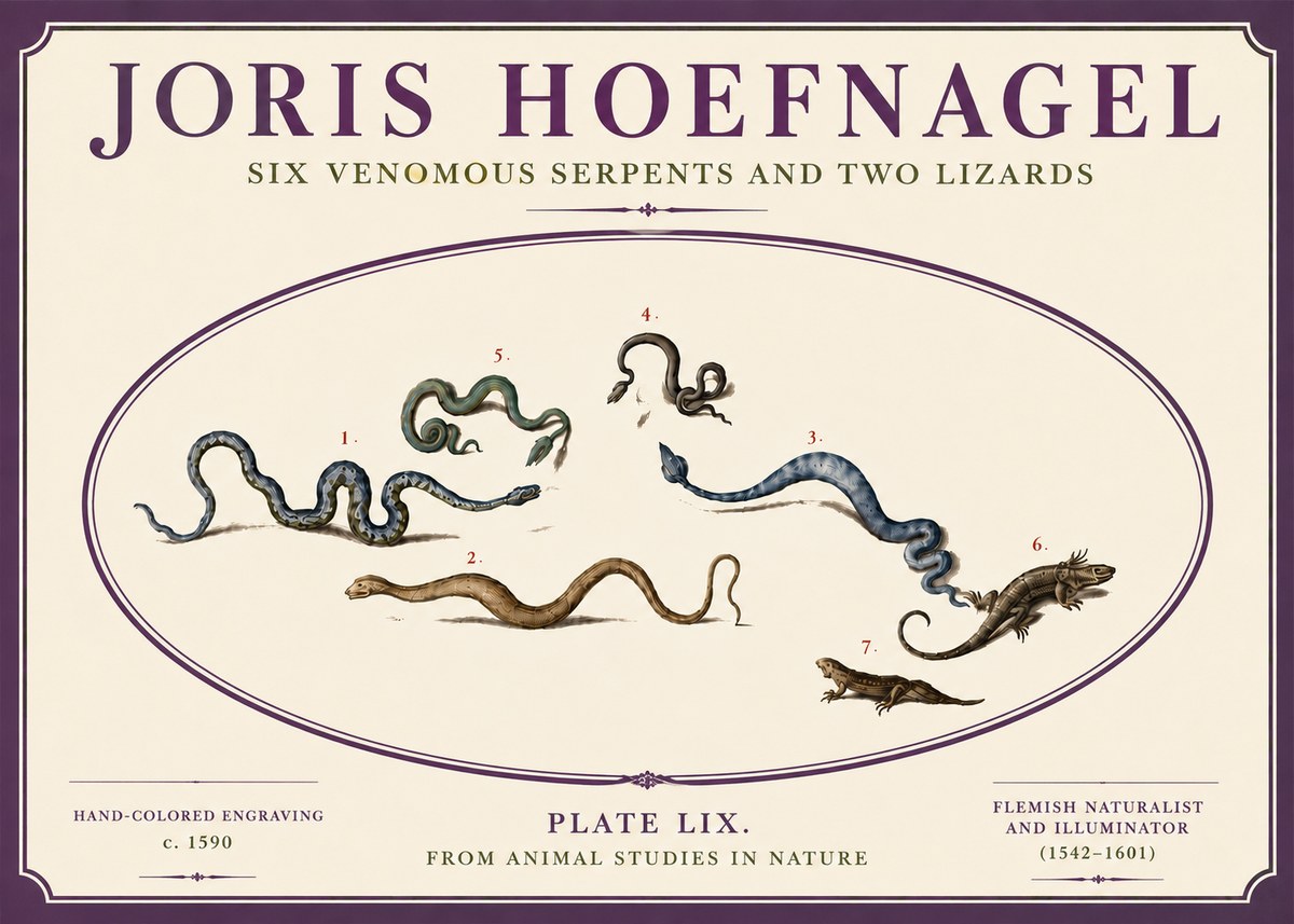 Joris Hoefnagel Six Venomous Serpents and Two Lizards No6 - Póster