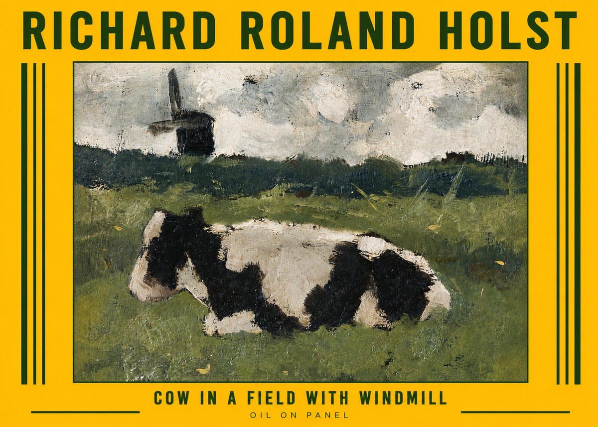 Richard Roland Holst Cow in a Field with Windmill No6 - Póster