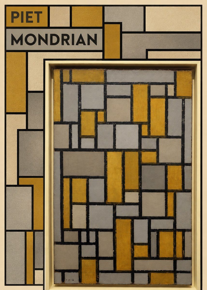 Piet Mondrian Composition in Grey and Yellow No5 - Póster
