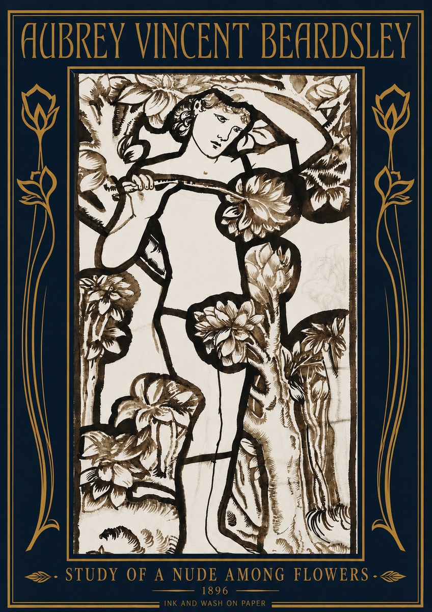 Aubrey Beardsley Study of a Nude Among Flowers No4 - Póster