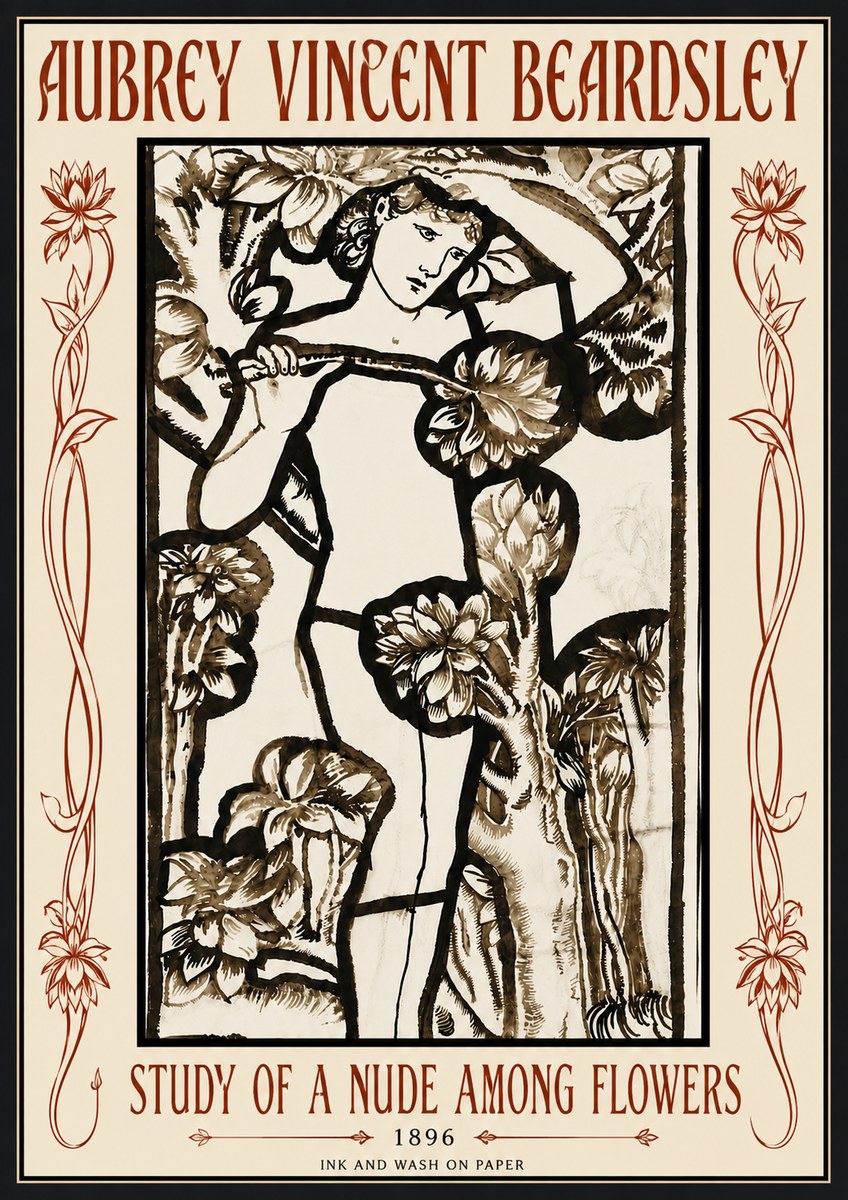 Aubrey Beardsley Study of a Nude Among Flowers No6 - Póster
