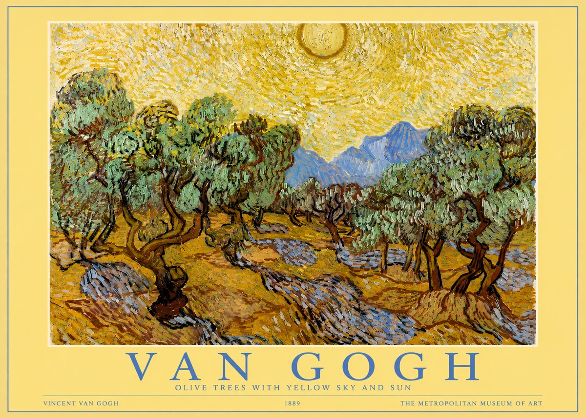 Van Gogh Olive Trees with Yellow Sky and Sun No3 - Póster