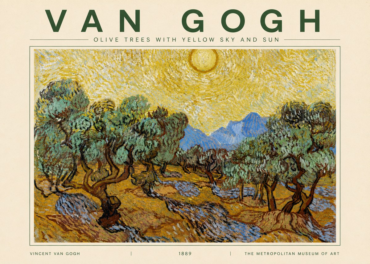 Van Gogh Olive Trees with Yellow Sky and Sun No4 - Póster