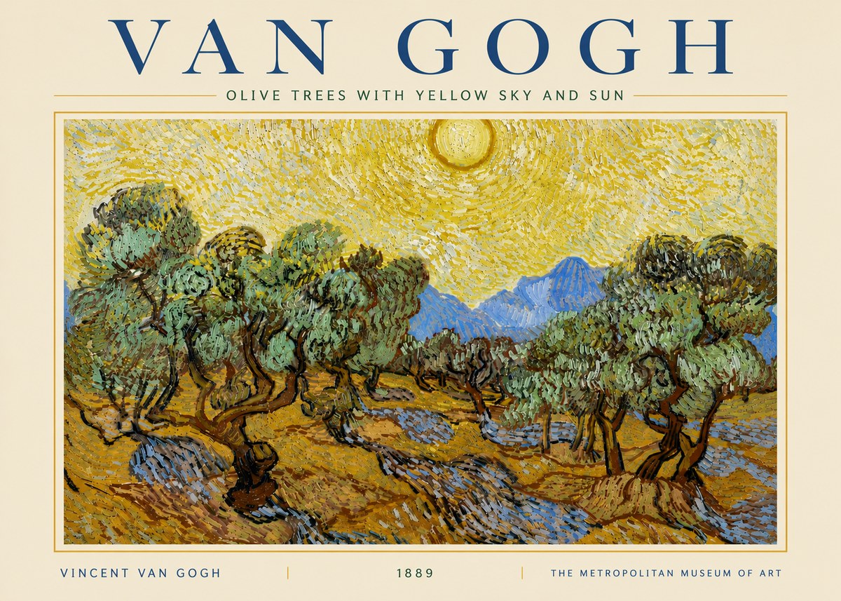 Van Gogh Olive Trees with Yellow Sky and Sun No5 - Póster