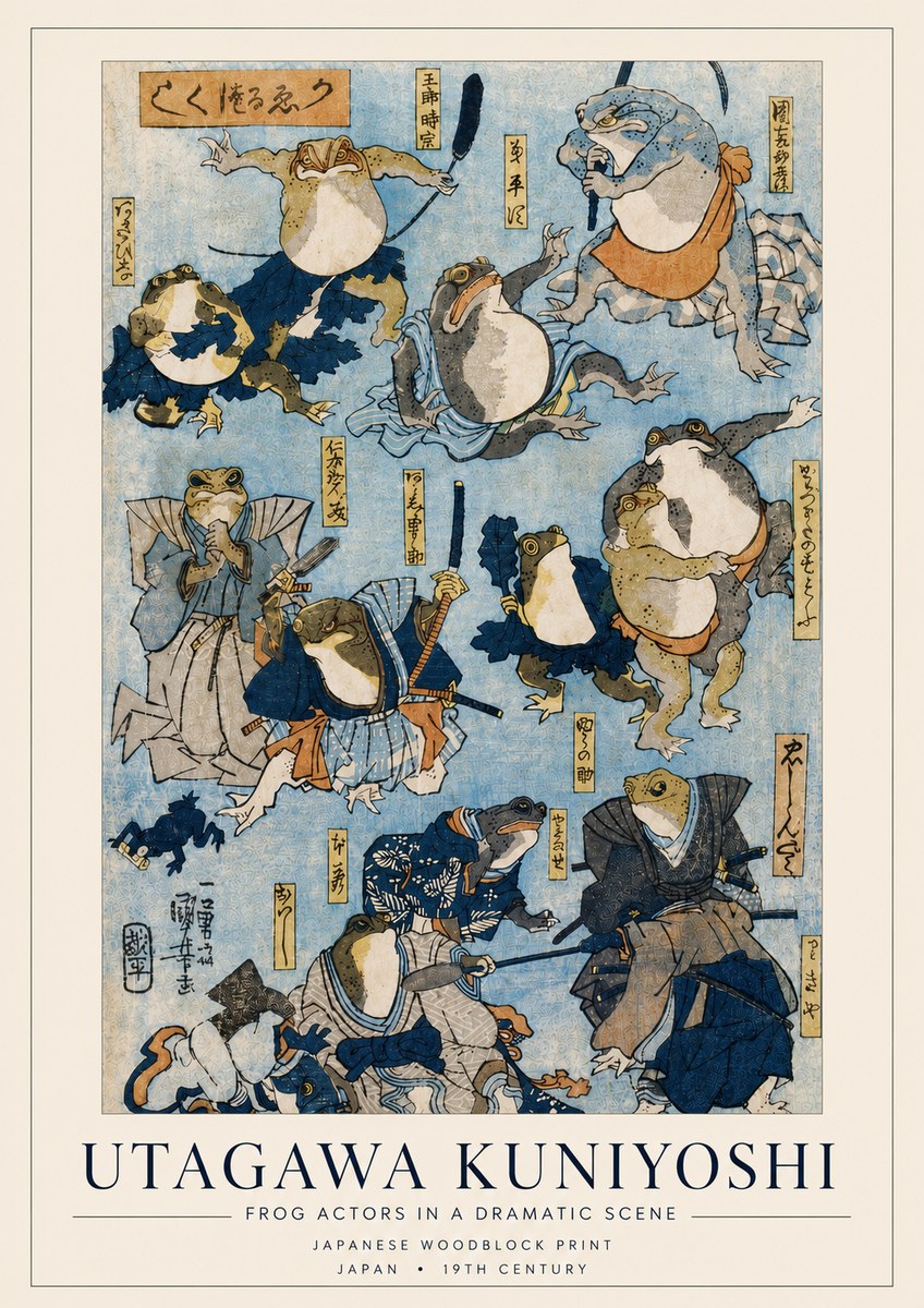 Utagawa Kuniyoshi Frog Actors in a Dramatic Scene No4 - Póster