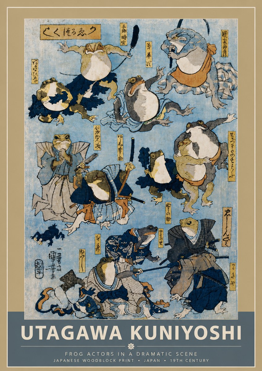 Utagawa Kuniyoshi Frog Actors in a Dramatic Scene No5 - Póster